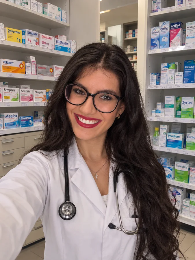 Sophie en blouse blanche dans une pharmacie